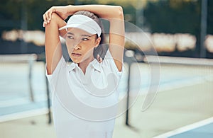 Tennis player, athlete and serious woman doing stretching exercise to prepare for a match or game at an outdoor court