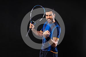 Tennis player banner on the black background. Tennis template for ads with copy space. Mockup for betting advertisement