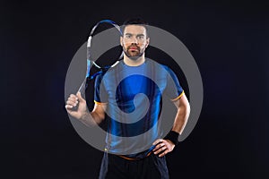 Tennis player banner on the black background. Tennis template for ads with copy space. Mockup for betting advertisement