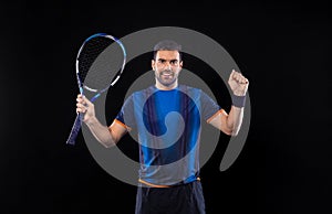 Tennis player banner on the black background. Tennis template for ads with copy space. Mockup for betting advertisement