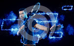 Tennis player banner. Neon lights on the background. Tennis template for ads with copy space. Mockup for betting