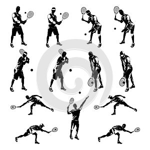 Tennis player black silhouette set on white background, vector illustration