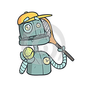 Tennis Player Blue Robot Cartoon Outlined Illustration With Cute Android And His Emotions