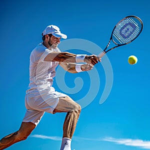 Tennis player executing a backhand stroke, mid-action, dynamic angle under clear skies, focused intensity, ultra HD