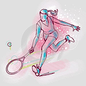 Tennis player girl on graphics background, vector image