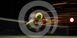 A tennis player hitting a tennis ball with a racquet, strong motion blur. AI generative image