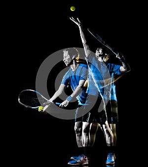 Tennis player man isolated black background light painting speed motion