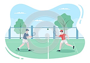 Tennis Player with Racket in Hand and Ball on Court. People doing Sports Match in Flat Cartoon Illustration