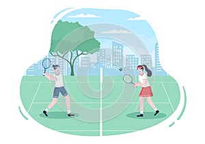 Tennis Player with Racket in Hand and Ball on Court. People doing Sports Match in Flat Cartoon Illustration