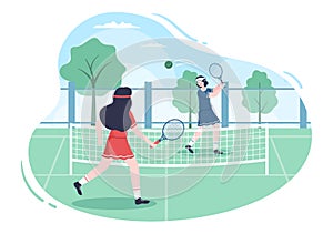 Tennis Player with Racket in Hand and Ball on Court. People doing Sports Match in Flat Cartoon Illustration