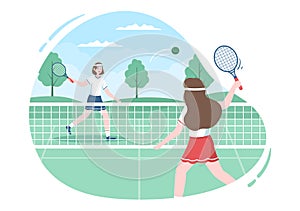 Tennis Player with Racket in Hand and Ball on Court. People doing Sports Match in Flat Cartoon Illustration