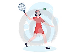 Tennis Player with Racket in Hand and Ball on Court. People doing Sports Match in Flat Cartoon Illustration