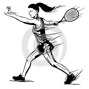 Tennis player with a racket in her hand. Silhouette black shadow