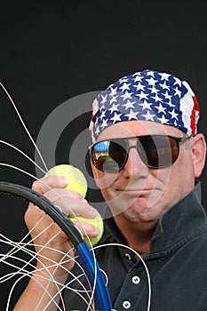 tennis player with racket loose strings