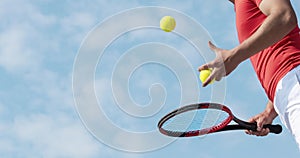 Tennis player selects the ball for service. Start sport, tennis, match, season. Sport concept. Banner. Copy space