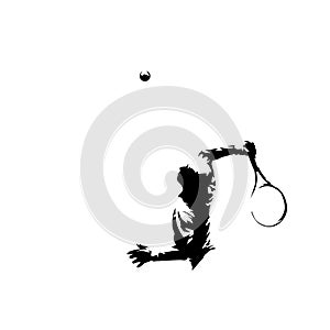 Tennis player serving ball, ink drawing. Abstract isolated vector silhouette