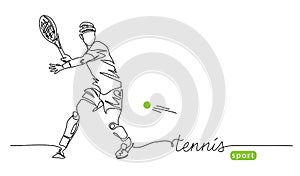 Tennis player simple vector background, banner, poster with man, racket and ball. One line drawing art illustration of