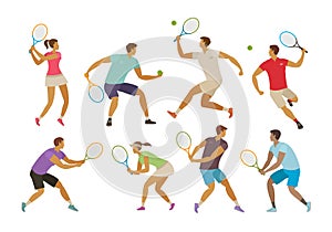 Tennis player with tennis racket. Sport concept. Funny cartoon vector illustration