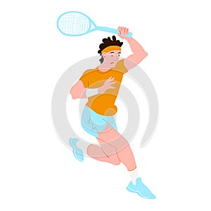 Tennis player. Tennis sportsman flat style. Guy runs in yellow tshirt and blue shorts. Vector illustration.