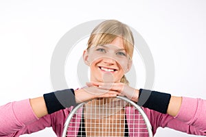 Tennis player woman young smiling leaning racket