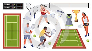 Tennis players and game elements. Sports accessories, athletes with rackets in dynamic poses, court, scoreboard and