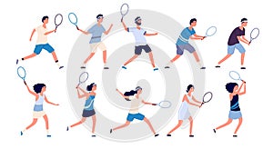 Tennis players. Man and woman holding racket and hitting ball playing tennis. Isolated cartoon vector characters set