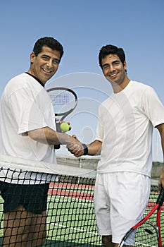 Tennis Players shaking hands over net on court portrait