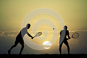 Tennis players at sunset