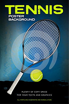 Tennis poster background with racket, ball and sample text