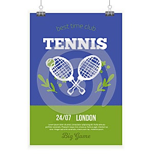 Tennis Poster in grunge style, modern flyer, Tournament template, game layout