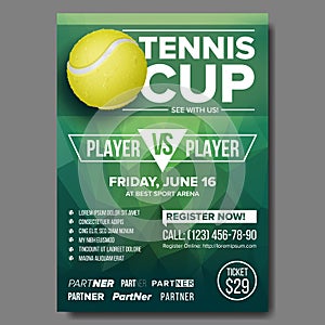 Tennis Poster Vector. Tennis Ball. Sports Event. Vertical Design For Sport Bar Promotion. Tennis Flyer. Invitation