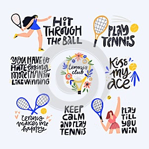 Tennis quotes, positive mottos flat letterings set. photo