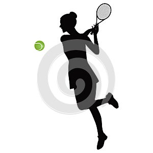 Tennis rack ball green Black silhouette of sportswoman isolated on white background vector illustration