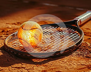 Tennis racket and ball on a clay court