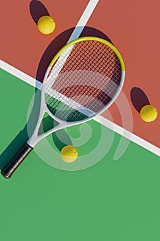 Tennis racket and ball on the court.