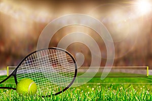 Tennis Racket and Ball on Grass Court With Copy Space