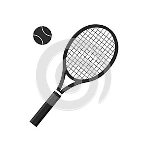 Tennis racket with ball. Icon of racquet for court. Logo of tennis rocket and ball isolated on white background. Sport equipment