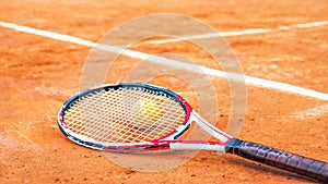 tennis racket with a ball lying on an orange court