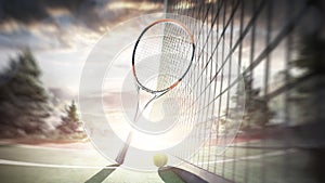 Tennis racket and ball on the outdoor tennis court. Sunset. Tennis. Sport