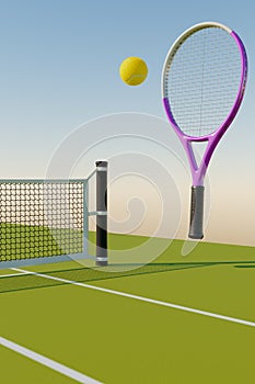 Tennis racket, ball and sports court with a net.