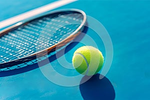 Tennis racket and ball under evening sunlight on tennis court. Tennis balls and racquet on blue court background. Generative AI