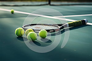 Tennis racket and balls await play on a vibrant tennis court