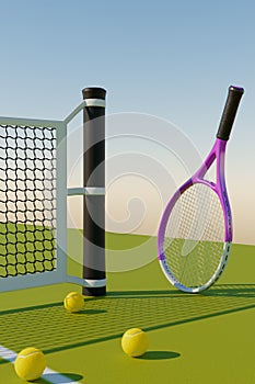 Tennis racket balls on the court with a net.