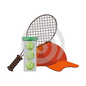 Tennis racket balls and hat