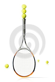 Tennis racket and balls isolated the white background