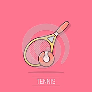 Tennis racket icon in comic style. Gaming racquet cartoon vector illustration on isolated background. Sport activity splash effect