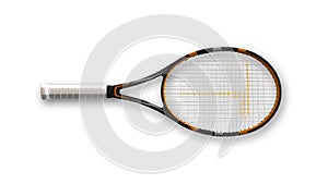 Tennis racket, sports equipment isolated on white, top view
