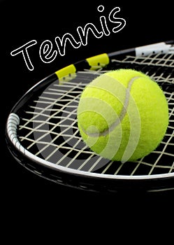 Tennis racket, tennis ball and text