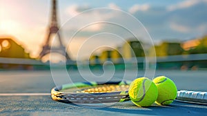 Tennis rackets and ball on court with Eiffel Tower in soft focus behind. Major sporting events, Olympics in Paris