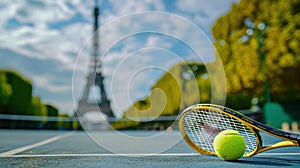 Tennis rackets and ball on court with Eiffel Tower in soft focus behind. Major sporting events, Olympics in Paris